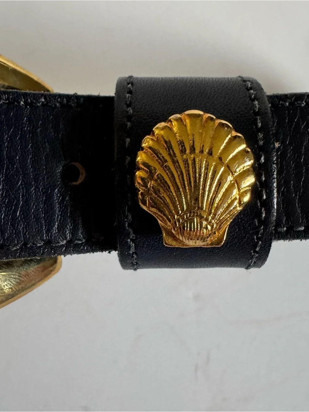 Vtg Brooks Brothers Navy Blue Calfskin Leather Belt M Gold Shell Coastal Preppy